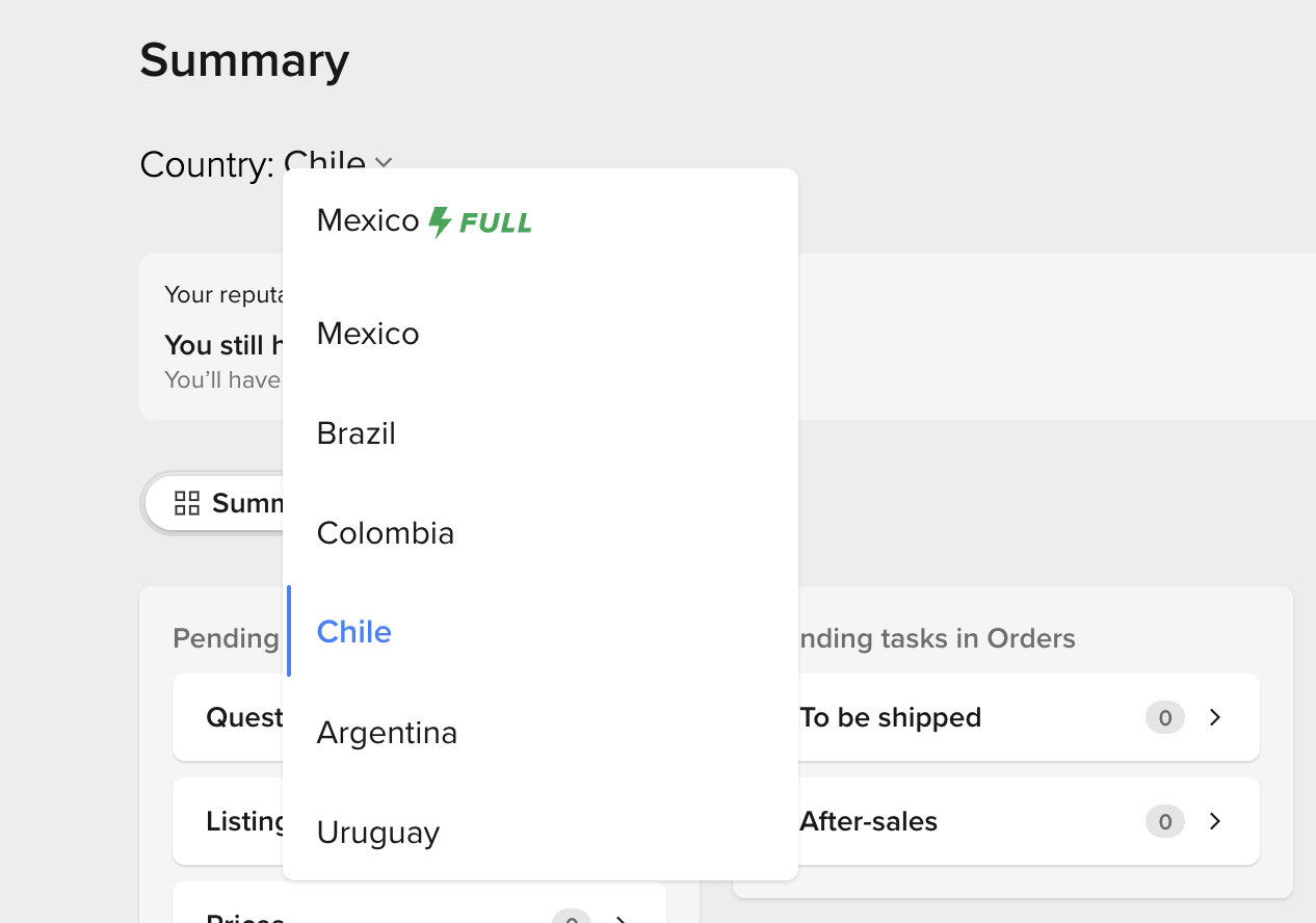 Mercado Libre Global Selling country switcher showing Mexico, Brazil, Colombia, Chile, Argentina and Uruguay